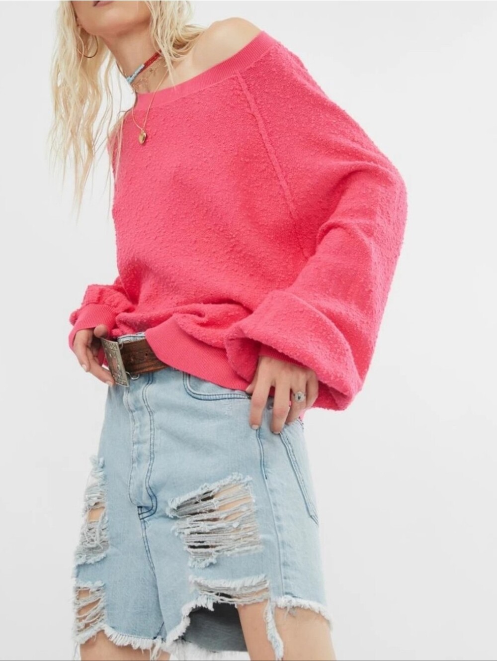 Free People Rock Candy Textured Found My Friend Pullover Sweatshirt Oversized